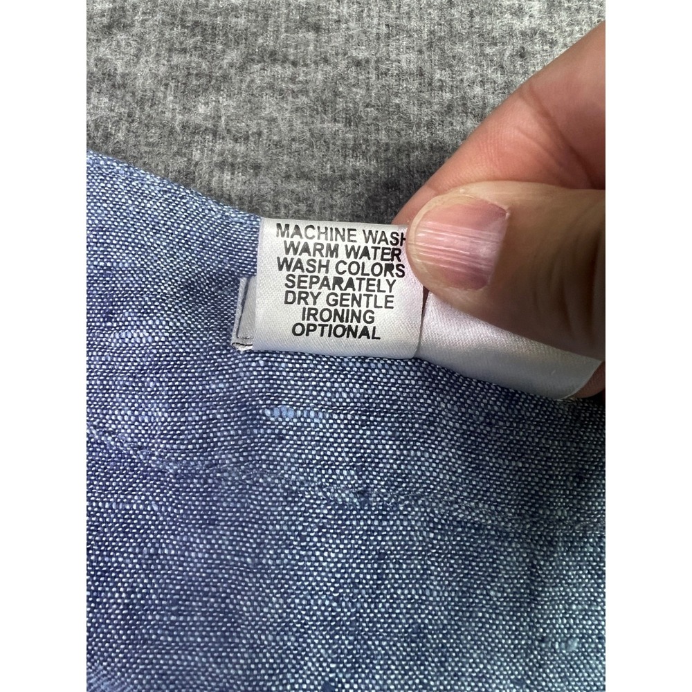FLAX Blue 100% Linen Button Down Tunic V-Neck Pocket Tulip Hem Top Small - Picture 7 of 11